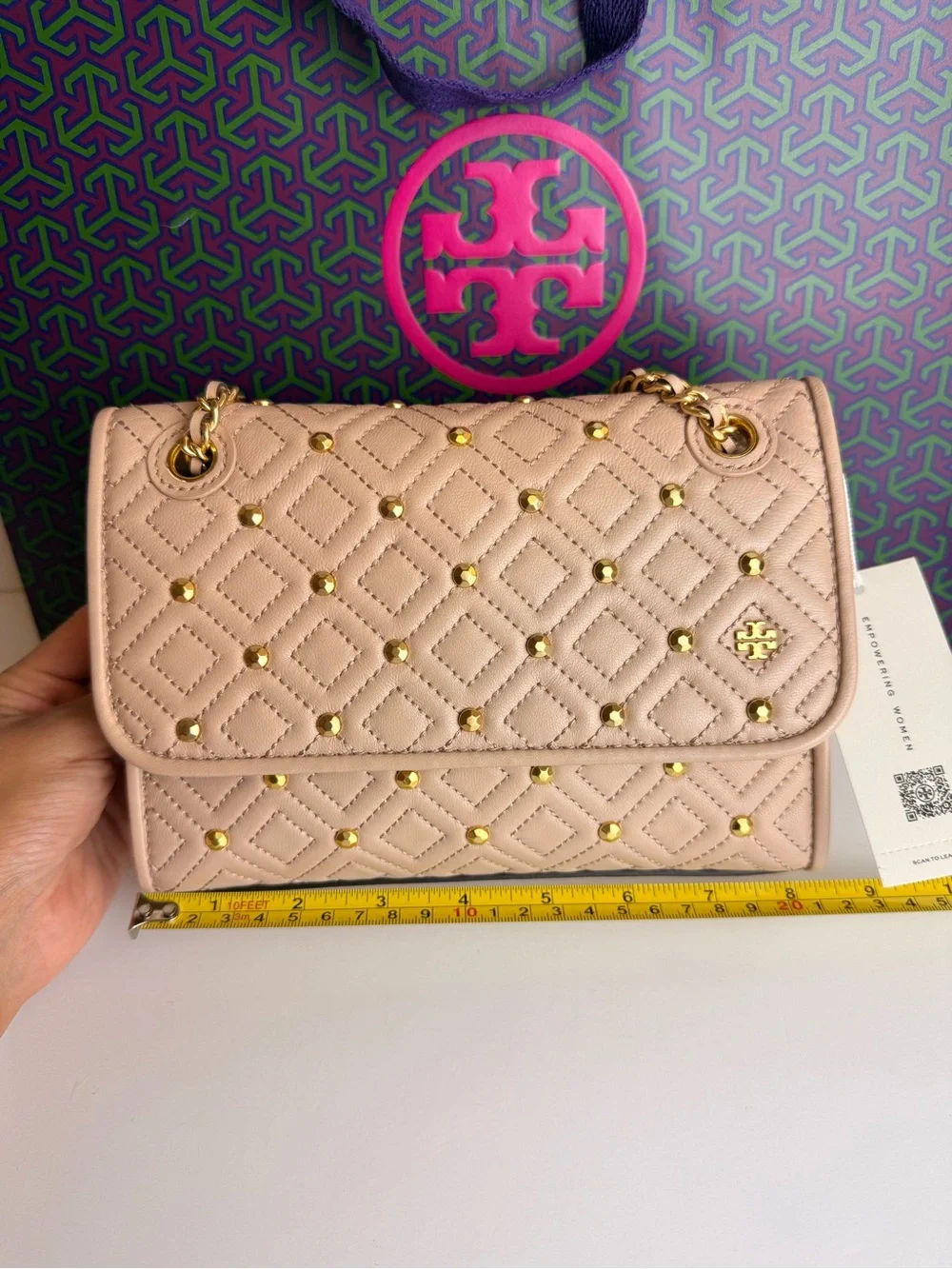 $528 Tory Burch Fleming Stud Small Shoulder Bag Goan Sand Beige Leather 46362